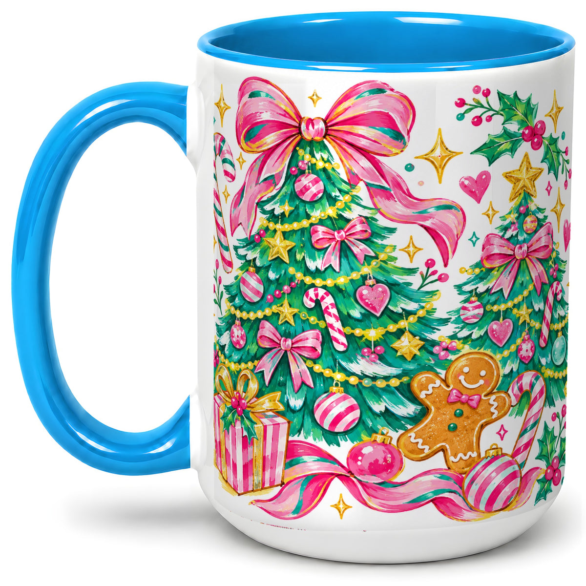 #pl[15oz|Blue] Pink Christmas Tree Ceramic Mug, Bright Candy Cane Holiday Artwork