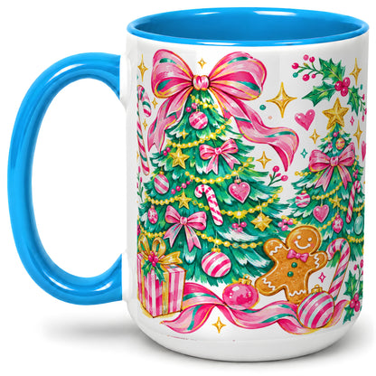 #pl[15oz|Blue] Pink Christmas Tree Ceramic Mug, Bright Candy Cane Holiday Artwork