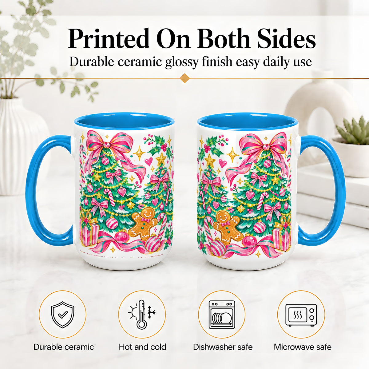 #pl[15oz|Blue] Pink Christmas Tree Ceramic Mug, Bright Candy Cane Holiday Artwork