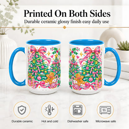 #pl[15oz|Blue] Pink Christmas Tree Ceramic Mug, Bright Candy Cane Holiday Artwork