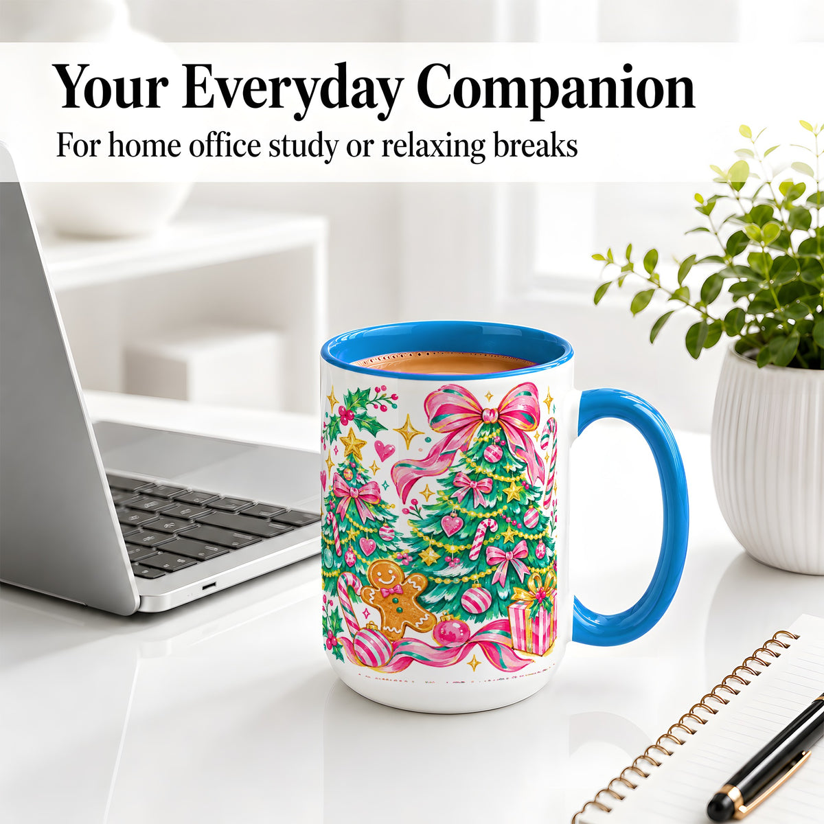 #pl[15oz|Blue] Pink Christmas Tree Ceramic Mug, Bright Candy Cane Holiday Artwork