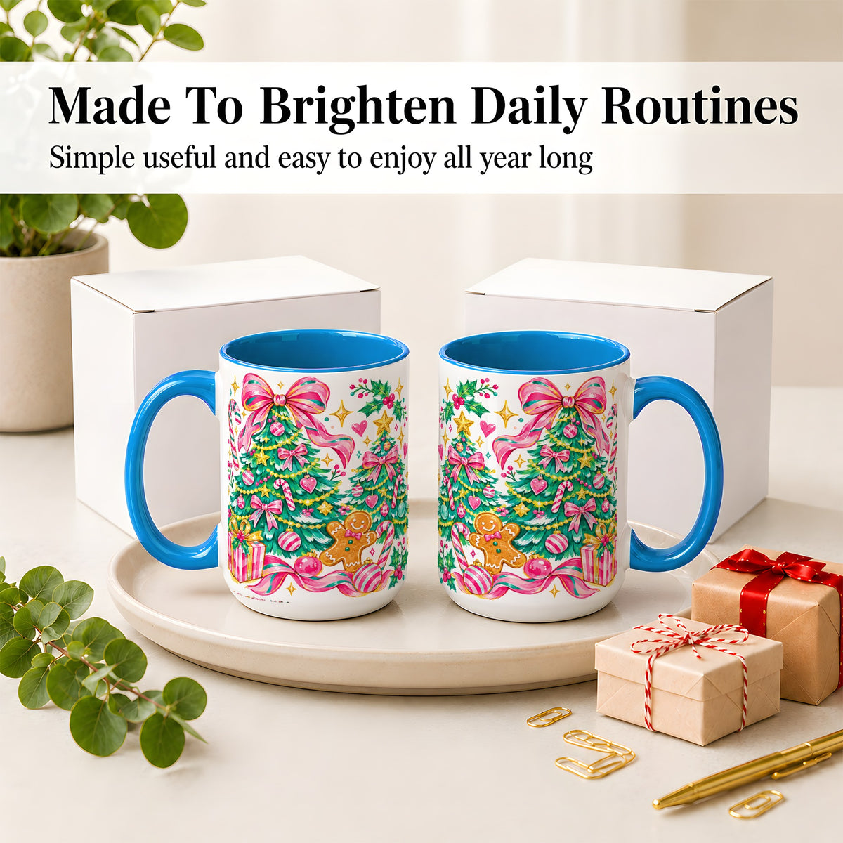 #pl[15oz|Blue] Pink Christmas Tree Ceramic Mug, Bright Candy Cane Holiday Artwork