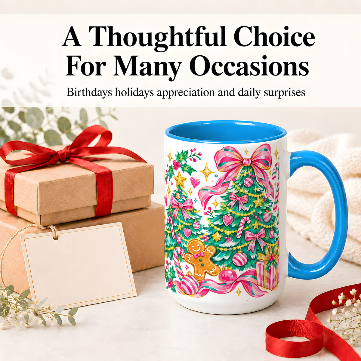#pl[15oz|Blue] Pink Christmas Tree Ceramic Mug, Bright Candy Cane Holiday Artwork