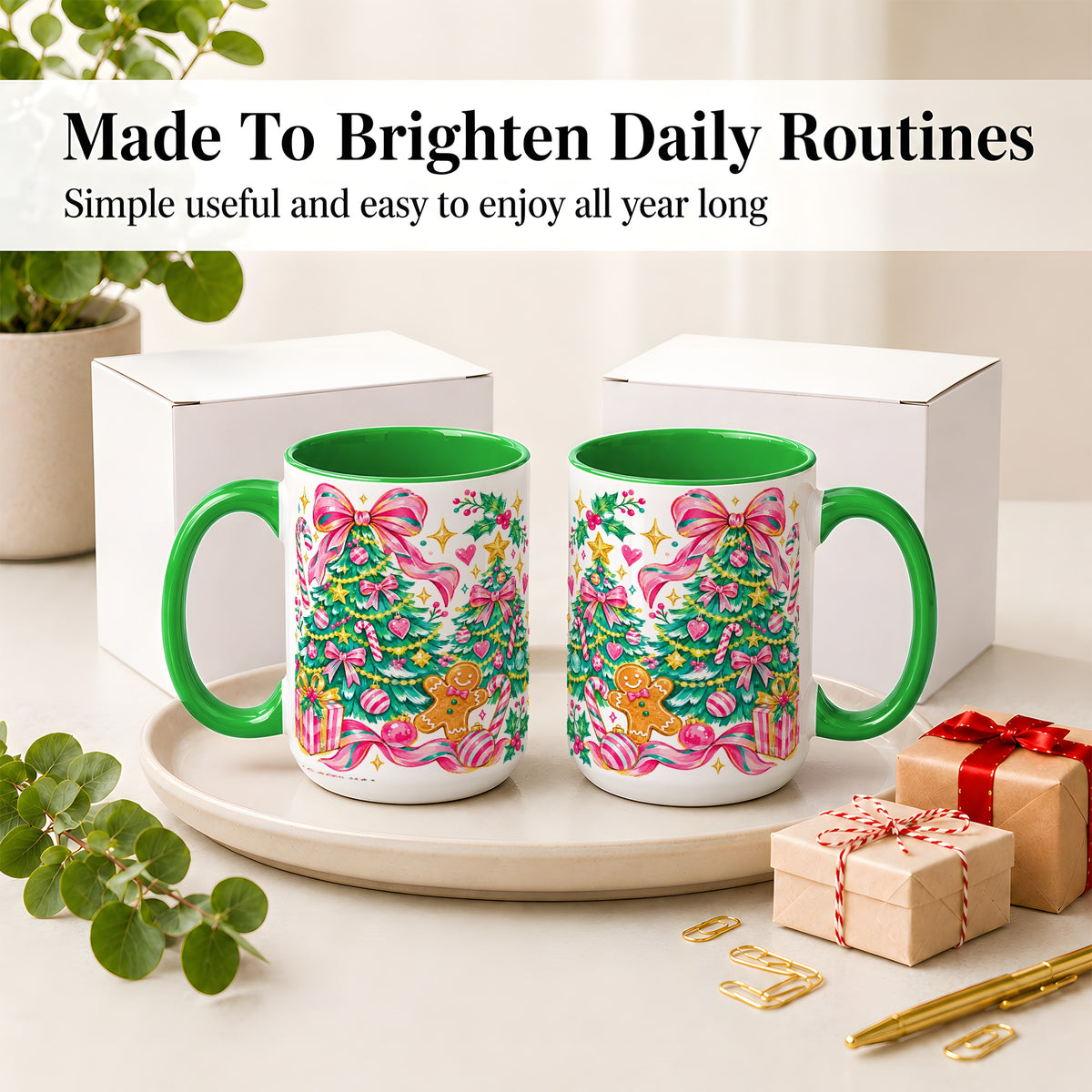 #pl[15oz|Green] Pink Christmas Tree Ceramic Mug, Bright Candy Cane Holiday Artwork