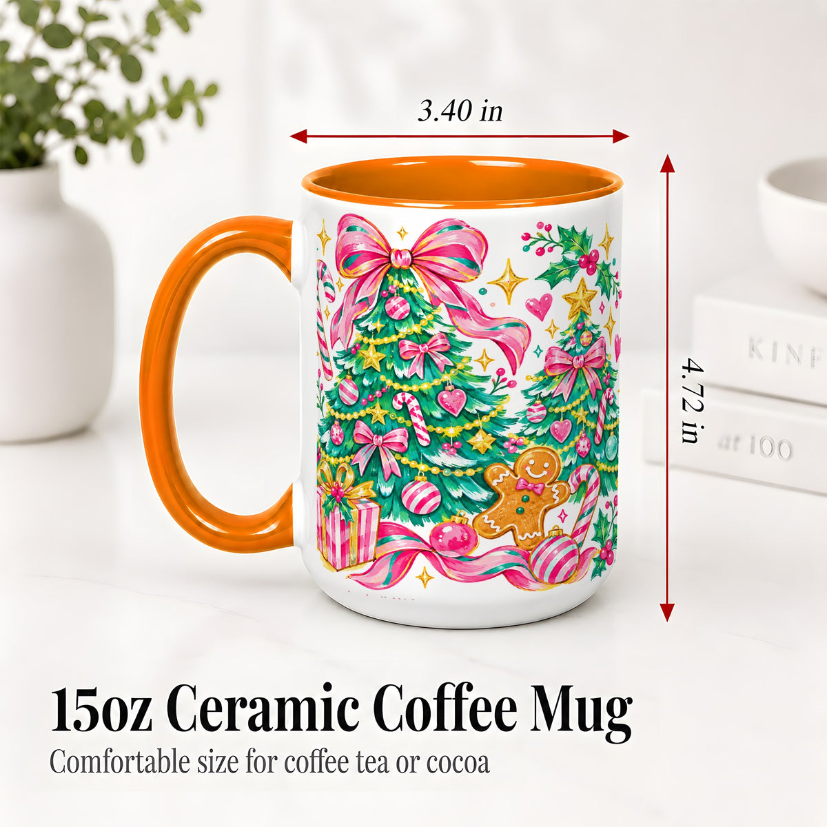 #pl[15oz|Orange] Pink Christmas Tree Ceramic Mug, Bright Candy Cane Holiday Artwork