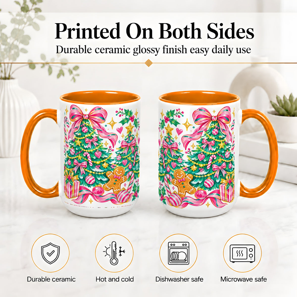 #pl[15oz|Orange] Pink Christmas Tree Ceramic Mug, Bright Candy Cane Holiday Artwork