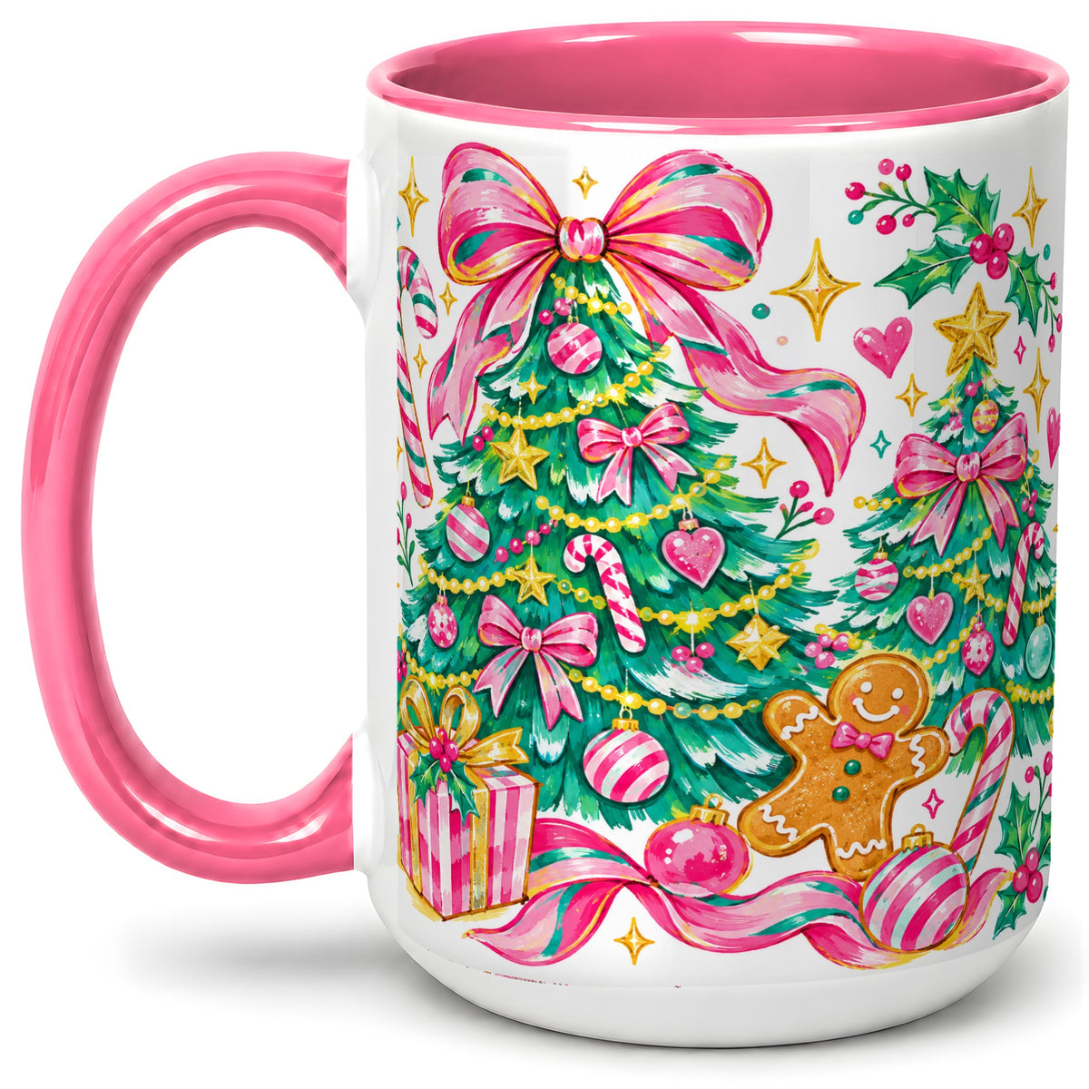 #pl[15oz|Pink] Pink Christmas Tree Ceramic Mug, Bright Candy Cane Holiday Artwork