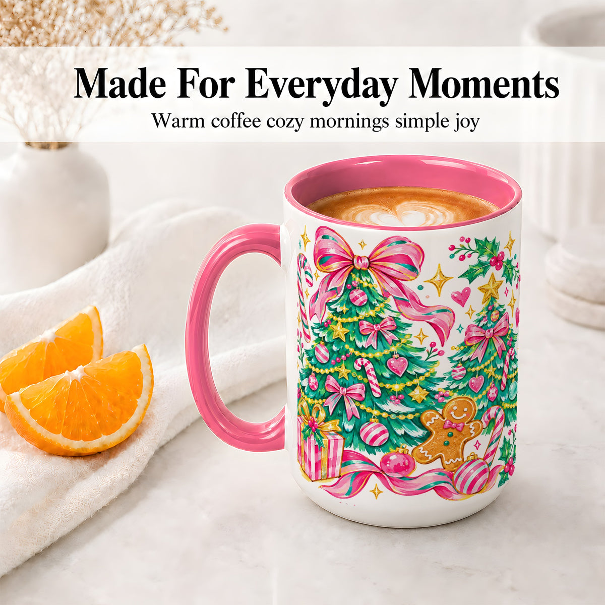 #pl[15oz|Pink] Pink Christmas Tree Ceramic Mug, Bright Candy Cane Holiday Artwork