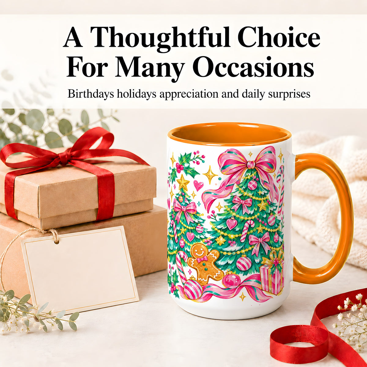 #pl[15oz|Orange] Pink Christmas Tree Ceramic Mug, Bright Candy Cane Holiday Artwork