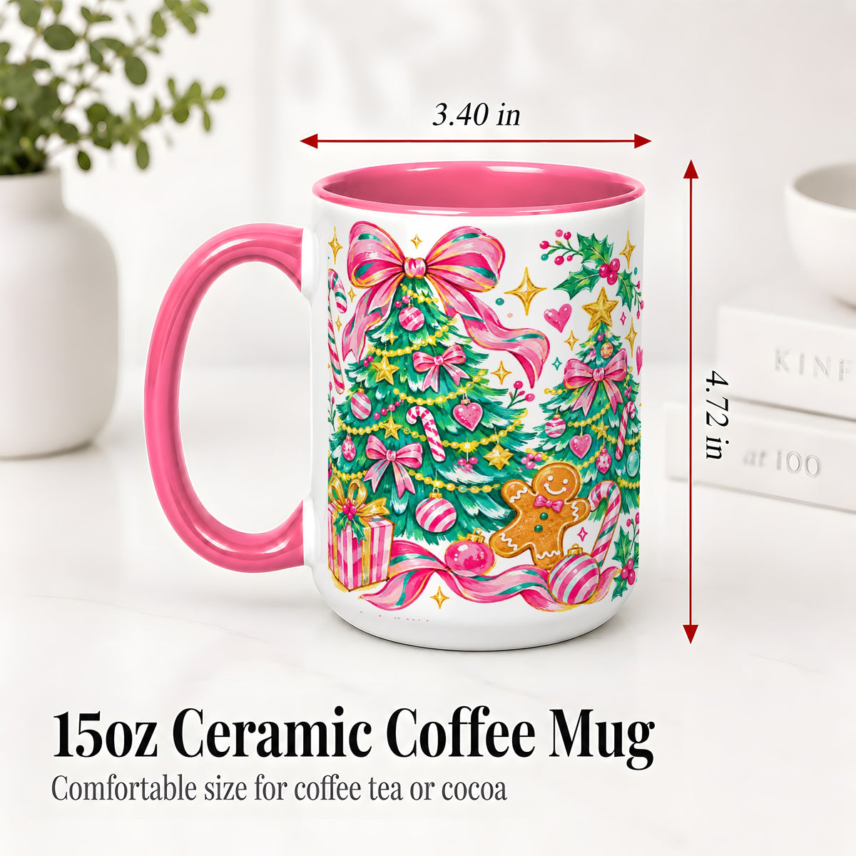 #pl[15oz|Pink] Pink Christmas Tree Ceramic Mug, Bright Candy Cane Holiday Artwork