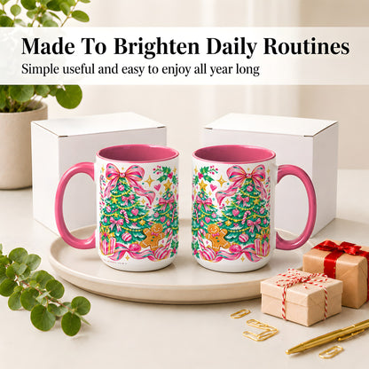 #pl[15oz|Pink] Pink Christmas Tree Ceramic Mug, Bright Candy Cane Holiday Artwork