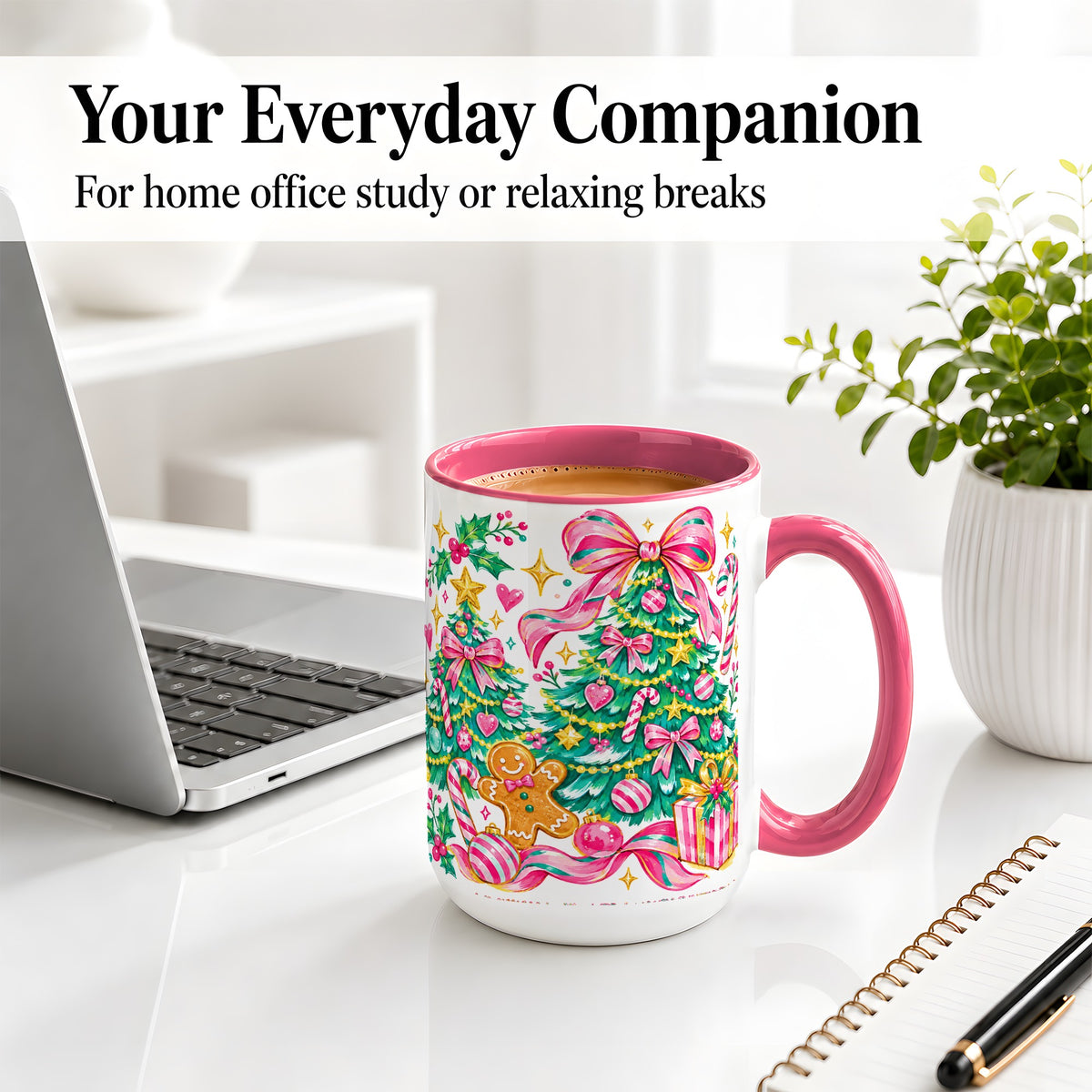 #pl[15oz|Pink] Pink Christmas Tree Ceramic Mug, Bright Candy Cane Holiday Artwork