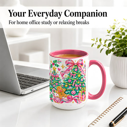 #pl[15oz|Pink] Pink Christmas Tree Ceramic Mug, Bright Candy Cane Holiday Artwork
