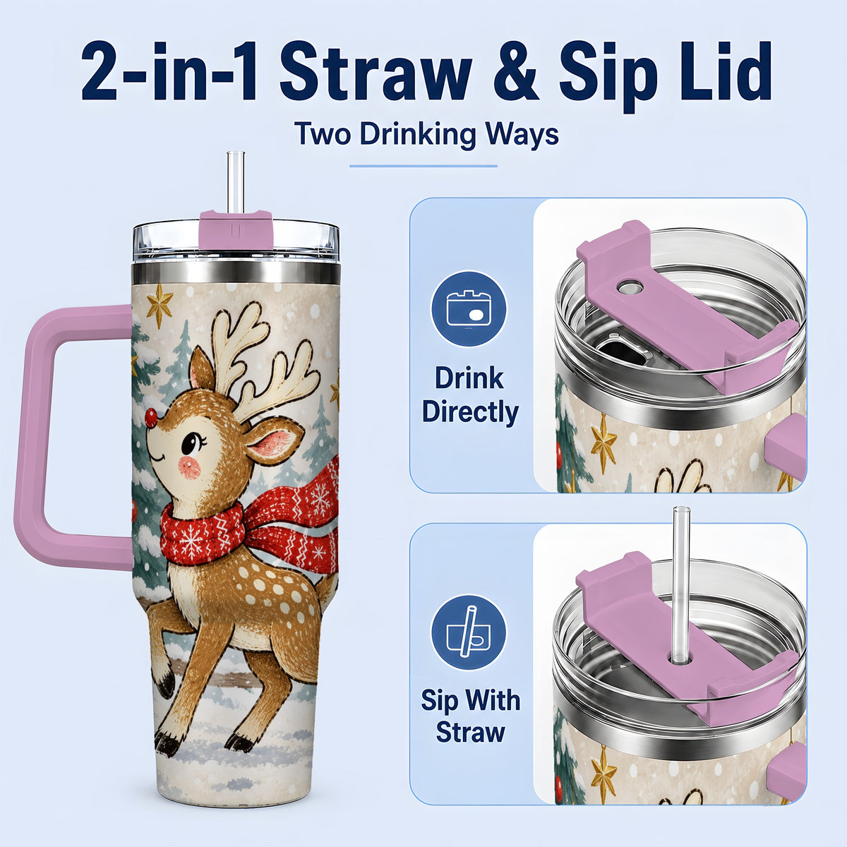 #pl[40oz|Pink] Christmas Reindeer 40oz Tumbler, Winter Woodland Drinkware