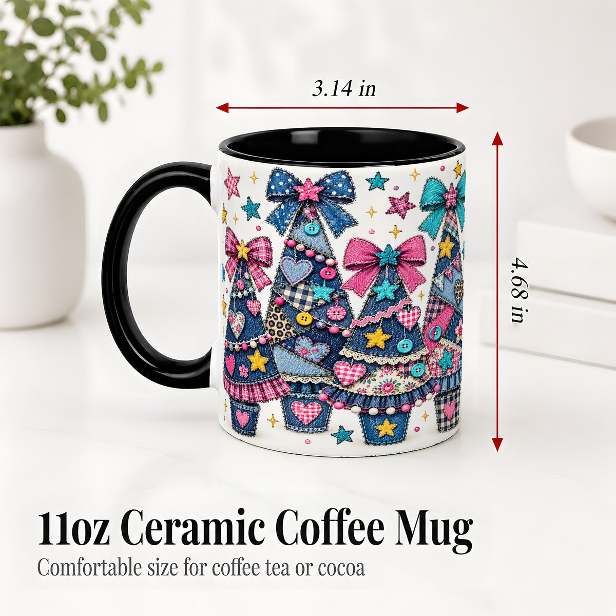 #pl[11oz|Black] Patchwork Christmas Tree Ceramic Mug, Denim Bow Holiday Design