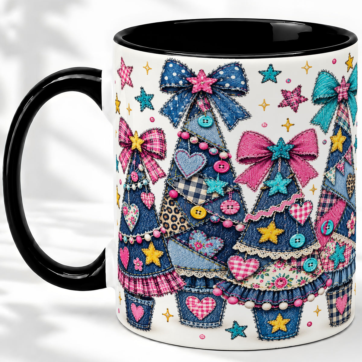 #pl[11oz|Black] Patchwork Christmas Tree Ceramic Mug, Denim Bow Holiday Design
