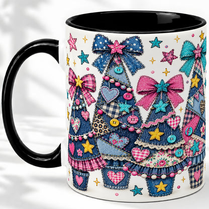 #pl[11oz|Black] Patchwork Christmas Tree Ceramic Mug, Denim Bow Holiday Design