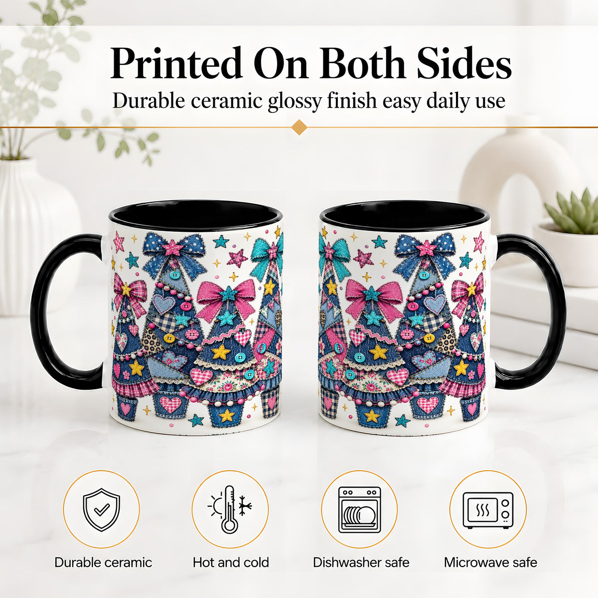 #pl[11oz|Black] Patchwork Christmas Tree Ceramic Mug, Denim Bow Holiday Design