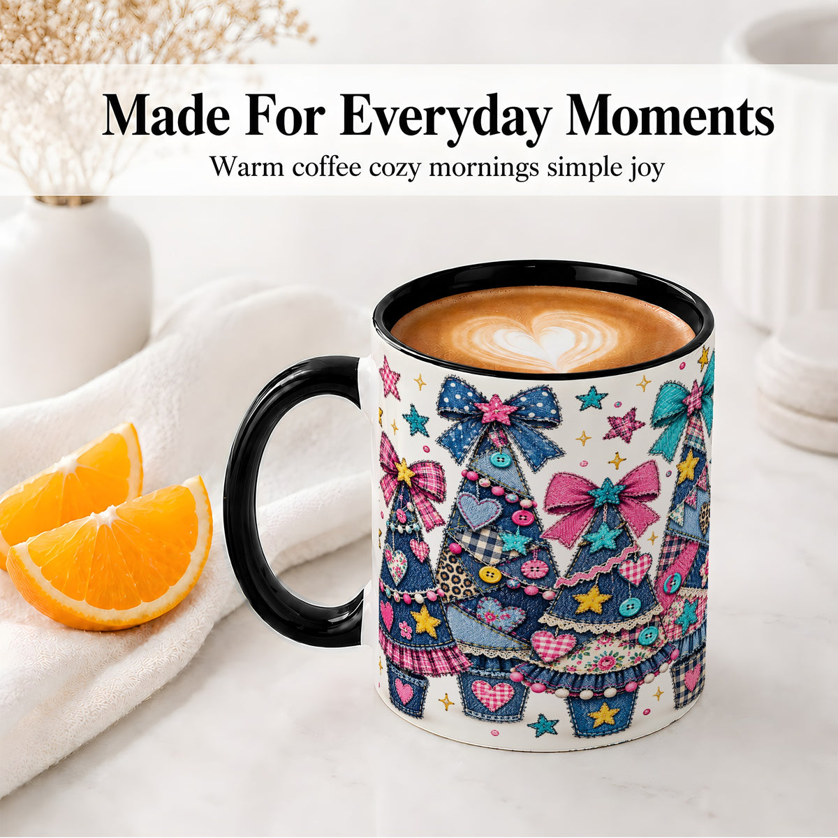 #pl[11oz|Black] Patchwork Christmas Tree Ceramic Mug, Denim Bow Holiday Design