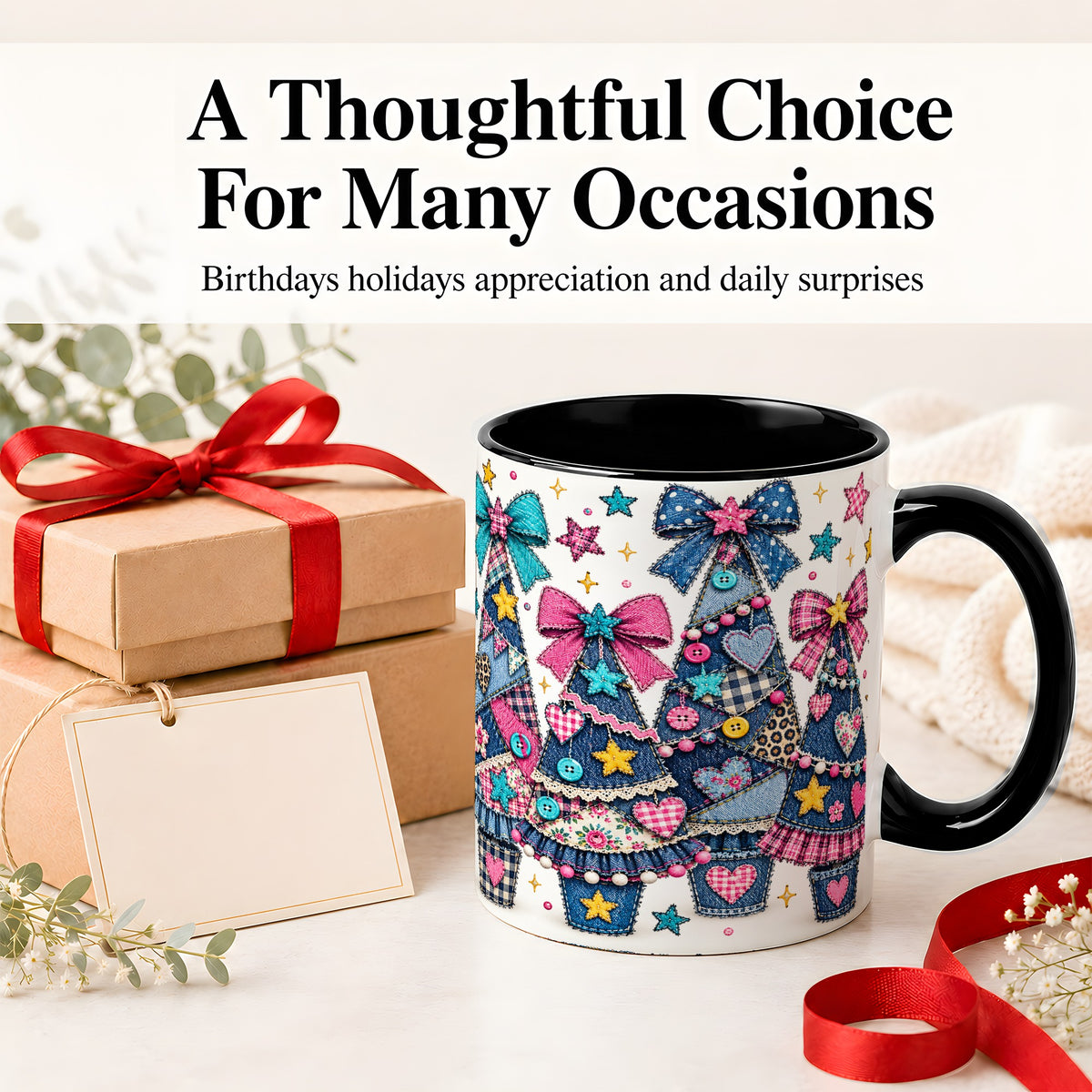 #pl[11oz|Black] Patchwork Christmas Tree Ceramic Mug, Denim Bow Holiday Design