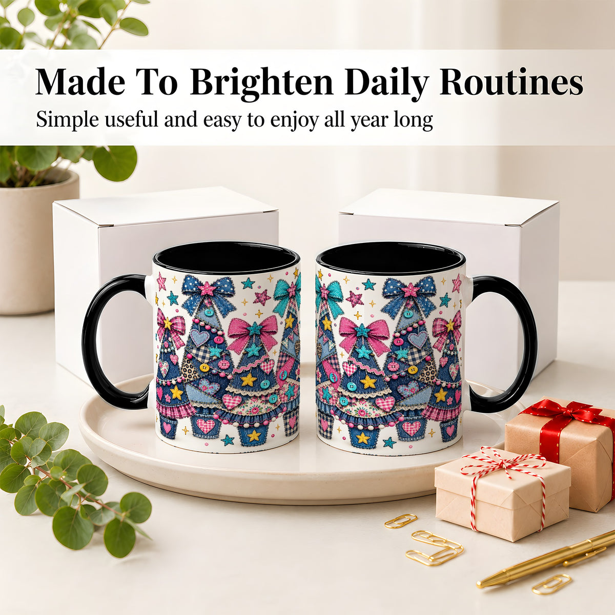 #pl[11oz|Black] Patchwork Christmas Tree Ceramic Mug, Denim Bow Holiday Design
