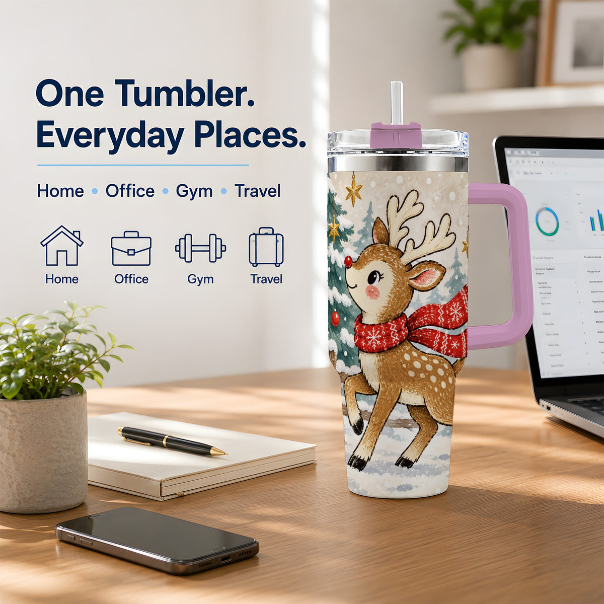#pl[40oz|Pink] Christmas Reindeer 40oz Tumbler, Winter Woodland Drinkware