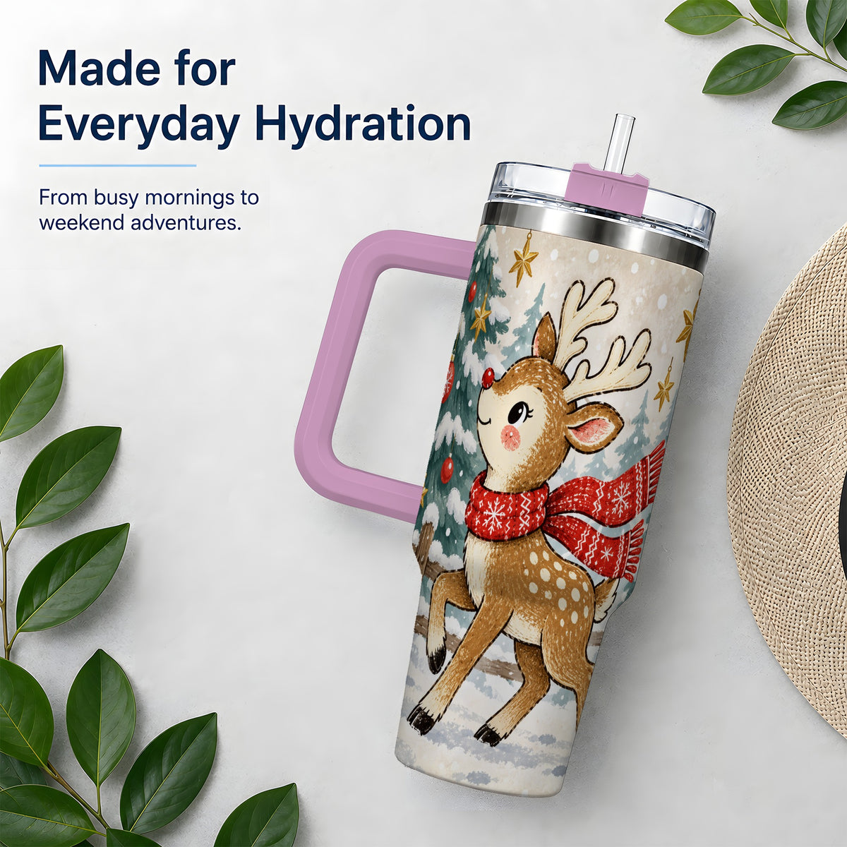 #pl[40oz|Pink] Christmas Reindeer 40oz Tumbler, Winter Woodland Drinkware