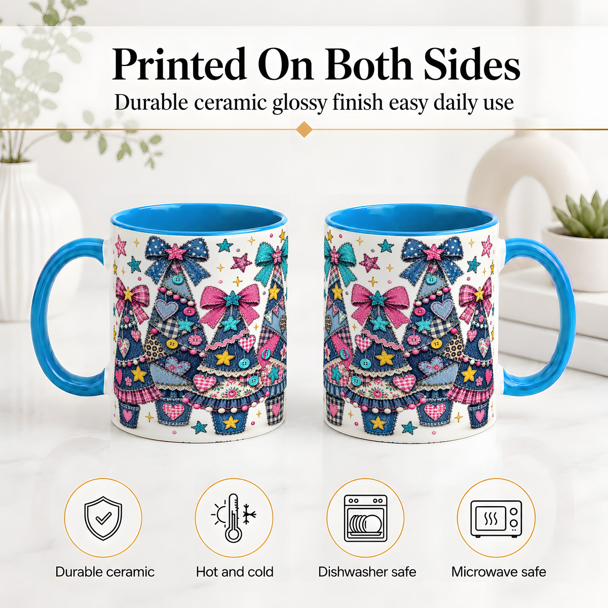 #pl[11oz|Blue] Patchwork Christmas Tree Ceramic Mug, Denim Bow Holiday Design