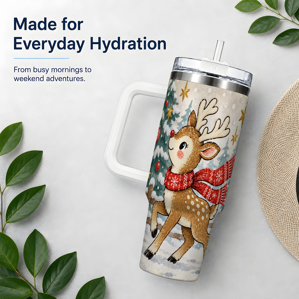 #pl[40oz|White] Christmas Reindeer 40oz Tumbler, Winter Woodland Drinkware