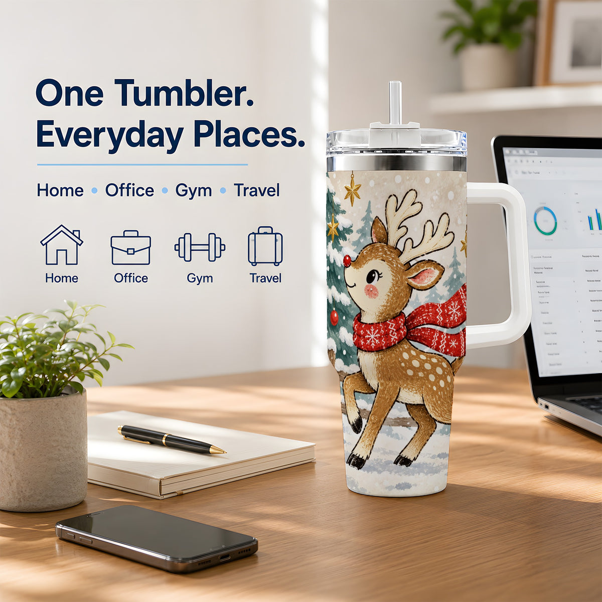 #pl[40oz|White] Christmas Reindeer 40oz Tumbler, Winter Woodland Drinkware