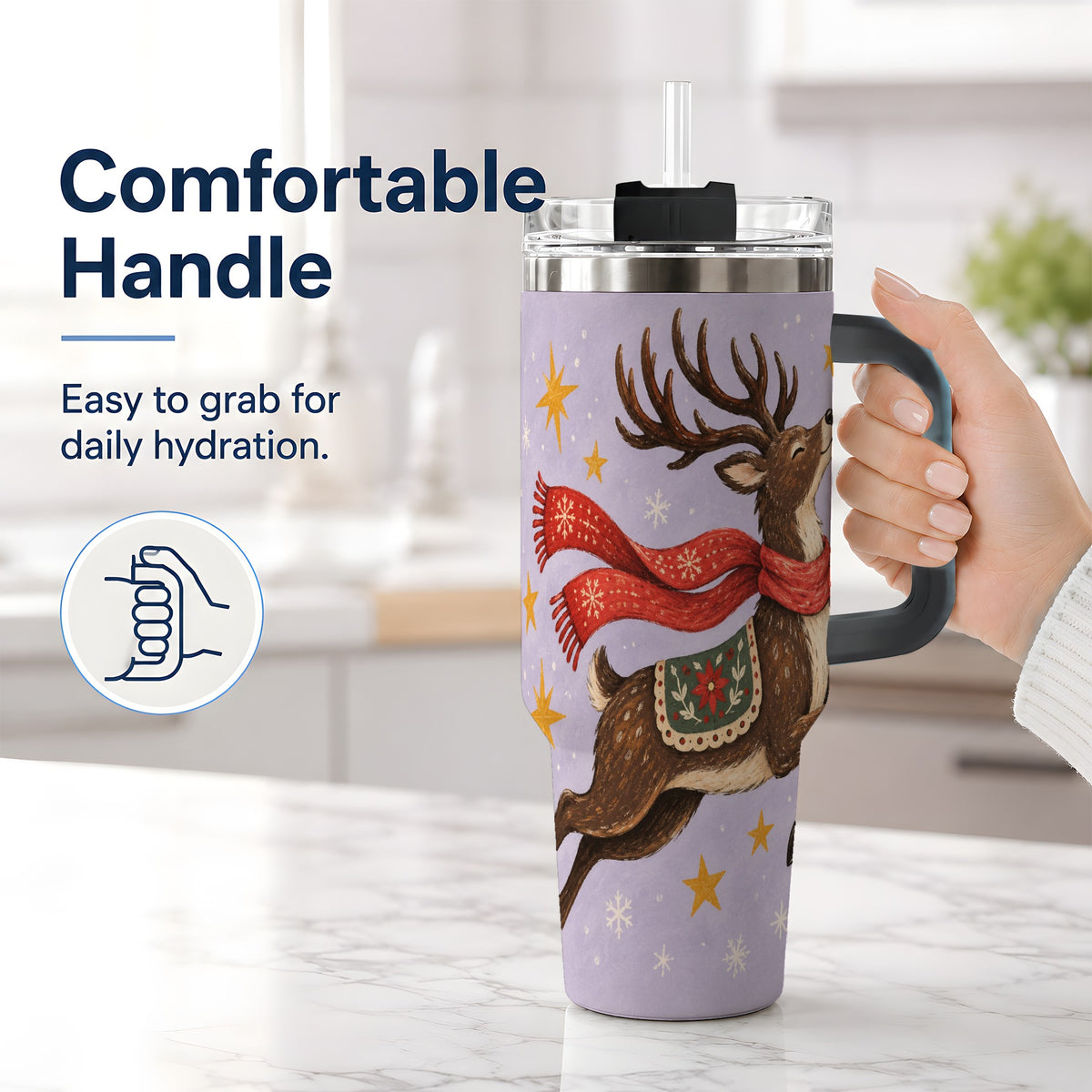#pl[40oz|Black] Christmas Reindeer 40oz Tumbler, Festive Starry Deer Artwork