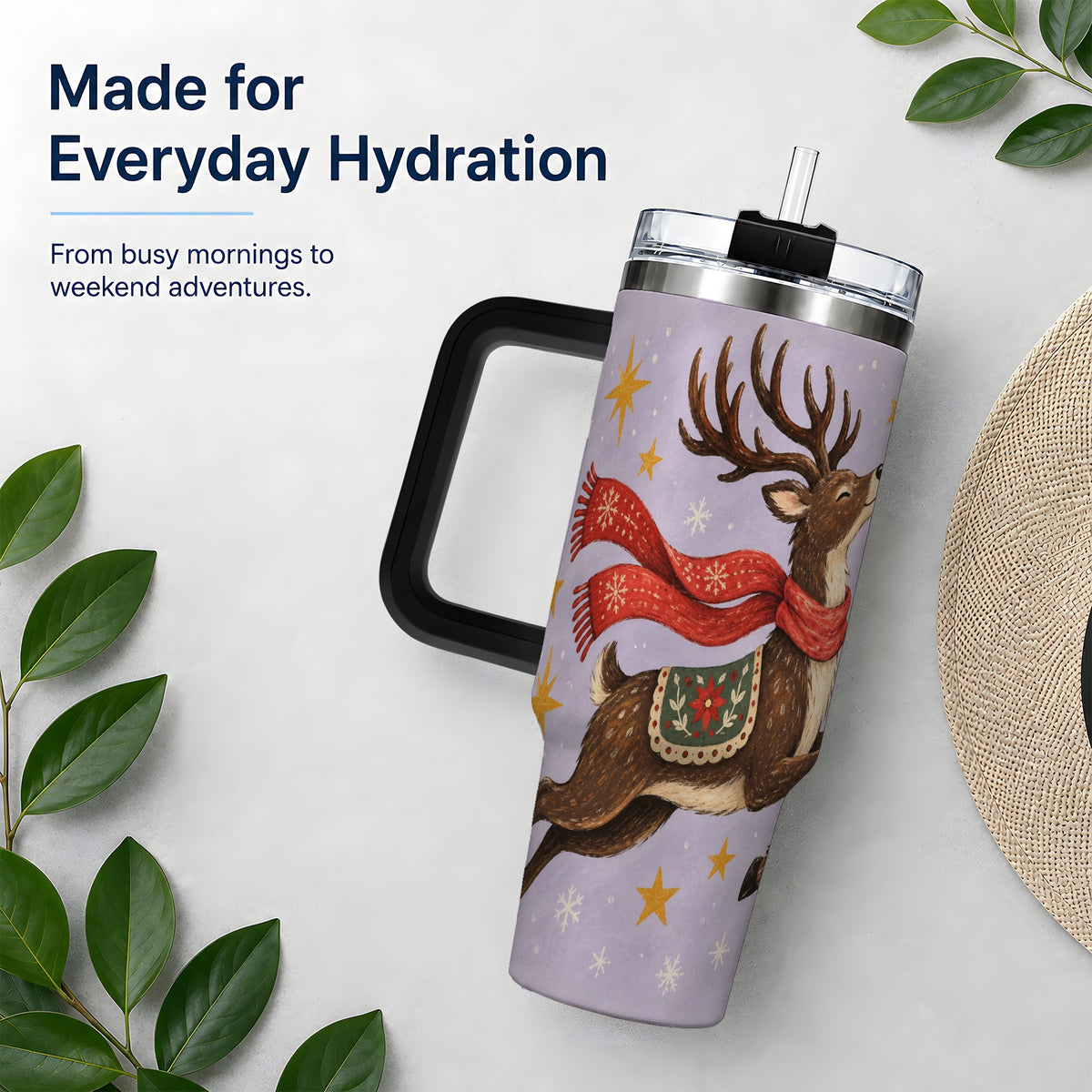 #pl[40oz|Black] Christmas Reindeer 40oz Tumbler, Festive Starry Deer Artwork