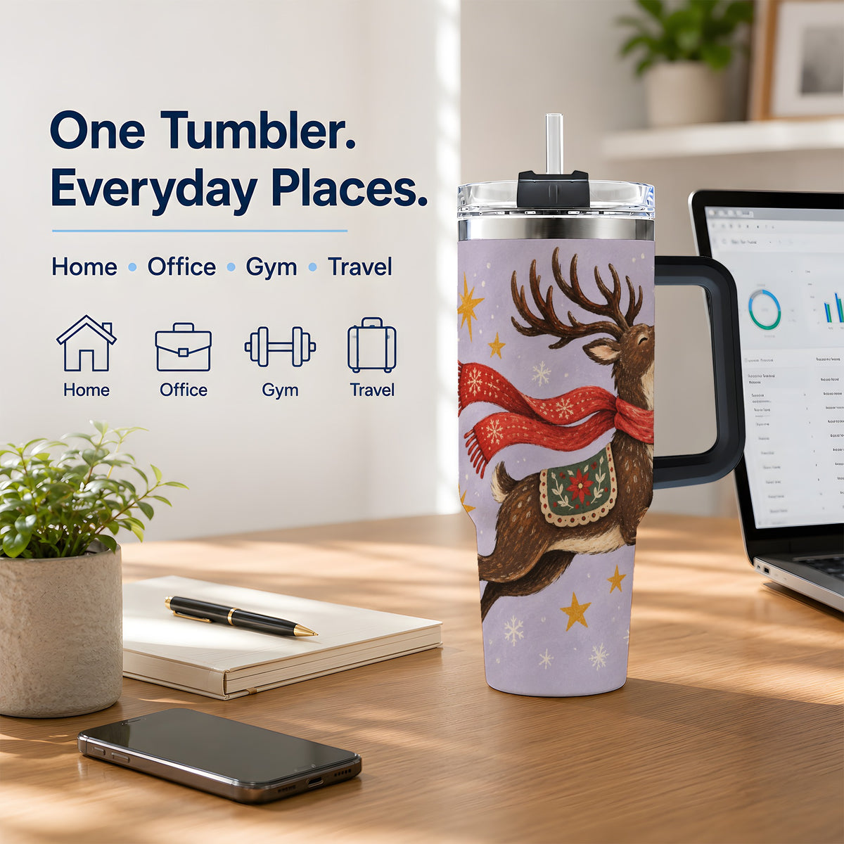 #pl[40oz|Black] Christmas Reindeer 40oz Tumbler, Festive Starry Deer Artwork