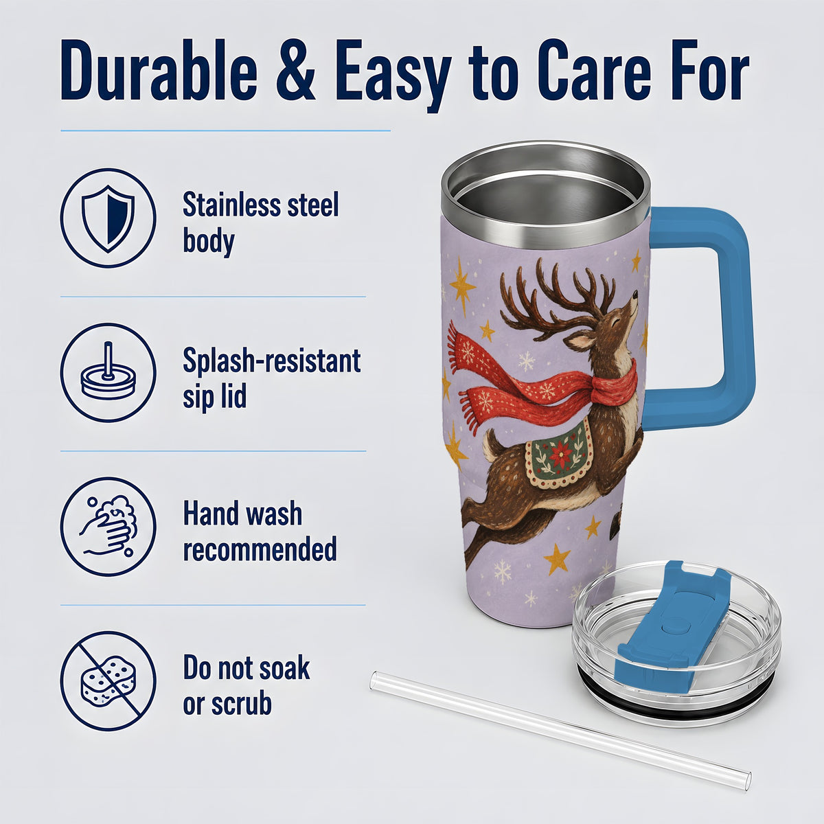 #pl[40oz|Blue] Christmas Reindeer 40oz Tumbler, Festive Starry Deer Artwork