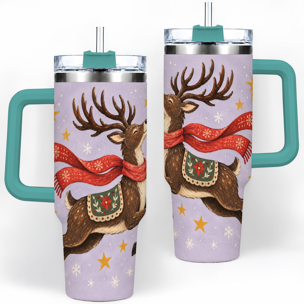 #pl[40oz|Green] Christmas Reindeer 40oz Tumbler, Festive Starry Deer Artwork
