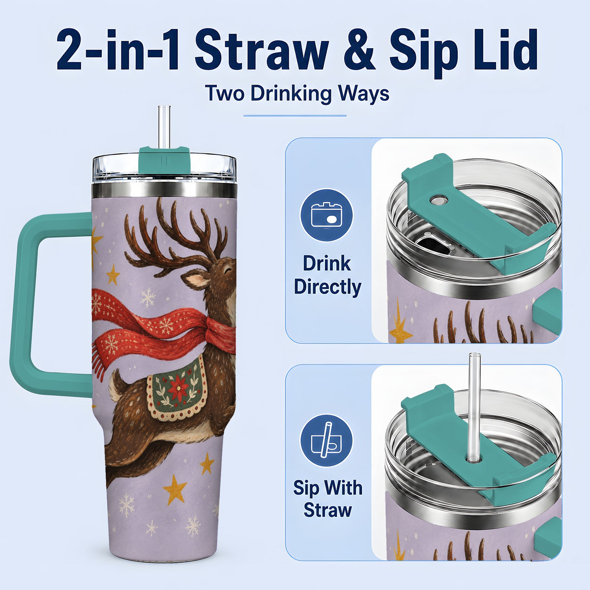 #pl[40oz|Green] Christmas Reindeer 40oz Tumbler, Festive Starry Deer Artwork