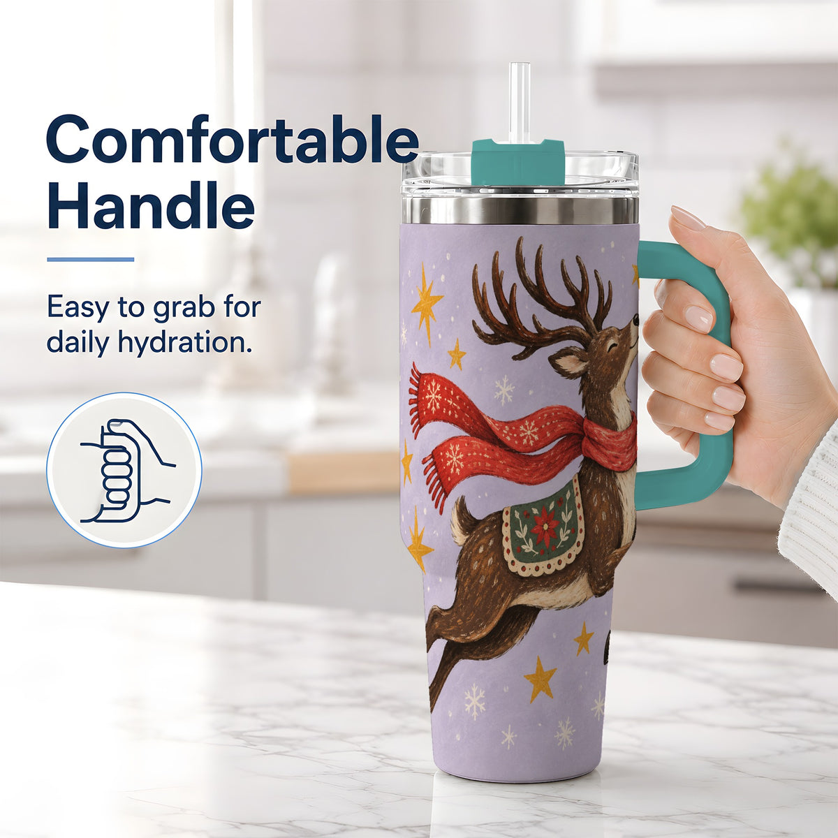 #pl[40oz|Green] Christmas Reindeer 40oz Tumbler, Festive Starry Deer Artwork