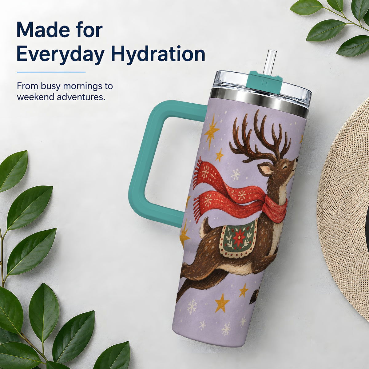 #pl[40oz|Green] Christmas Reindeer 40oz Tumbler, Festive Starry Deer Artwork