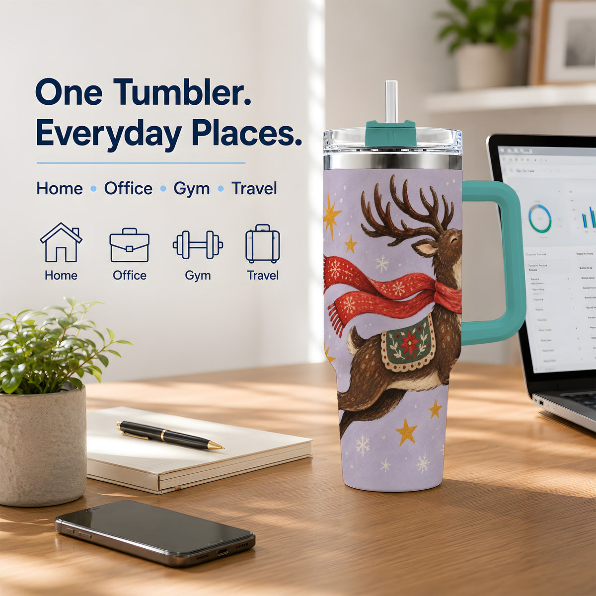 #pl[40oz|Green] Christmas Reindeer 40oz Tumbler, Festive Starry Deer Artwork
