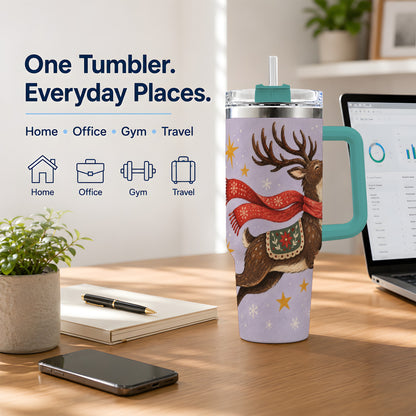 #pl[40oz|Green] Christmas Reindeer 40oz Tumbler, Festive Starry Deer Artwork