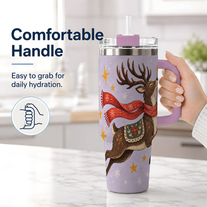 #pl[40oz|Pink] Christmas Reindeer 40oz Tumbler, Festive Starry Deer Artwork