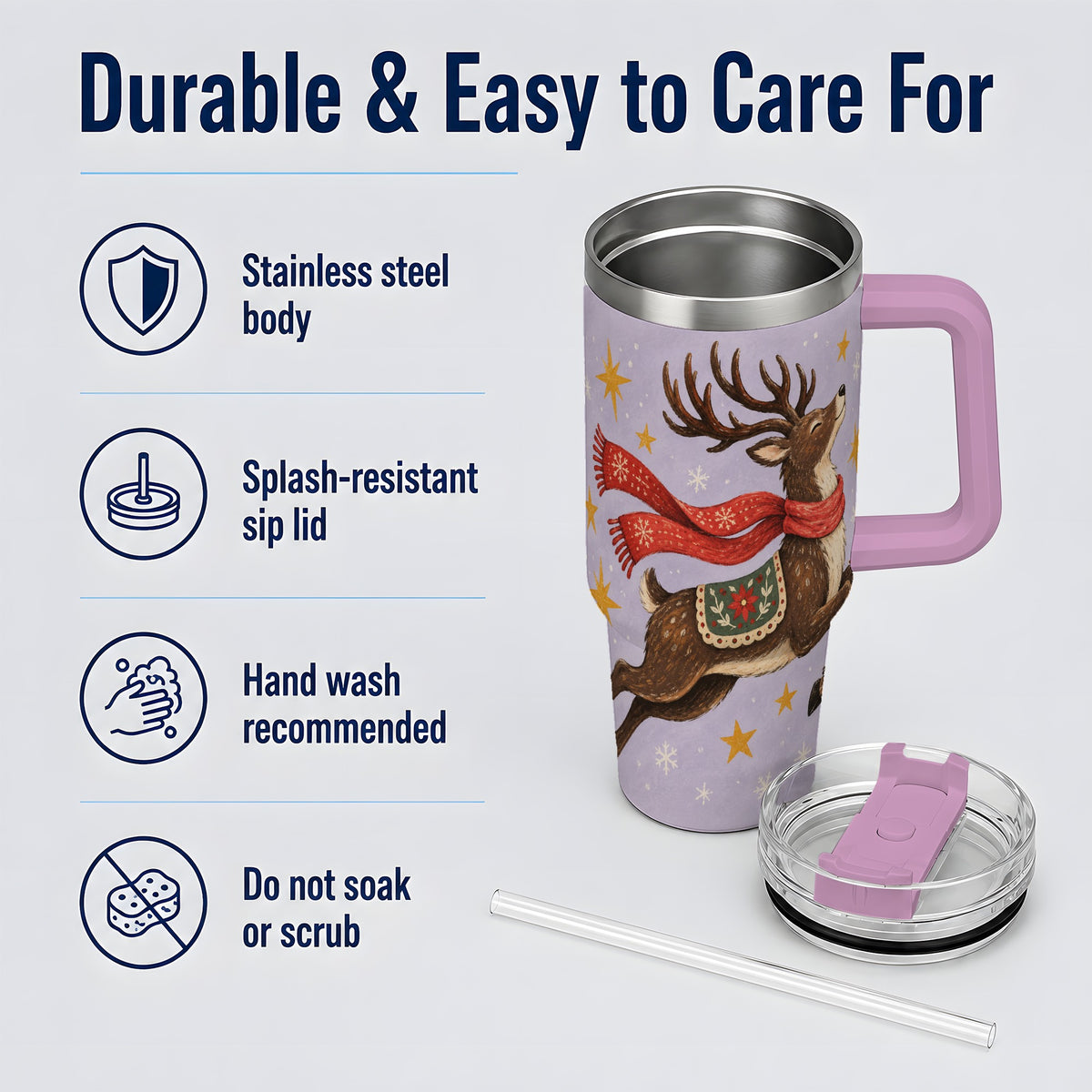 #pl[40oz|Pink] Christmas Reindeer 40oz Tumbler, Festive Starry Deer Artwork