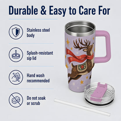 #pl[40oz|Pink] Christmas Reindeer 40oz Tumbler, Festive Starry Deer Artwork