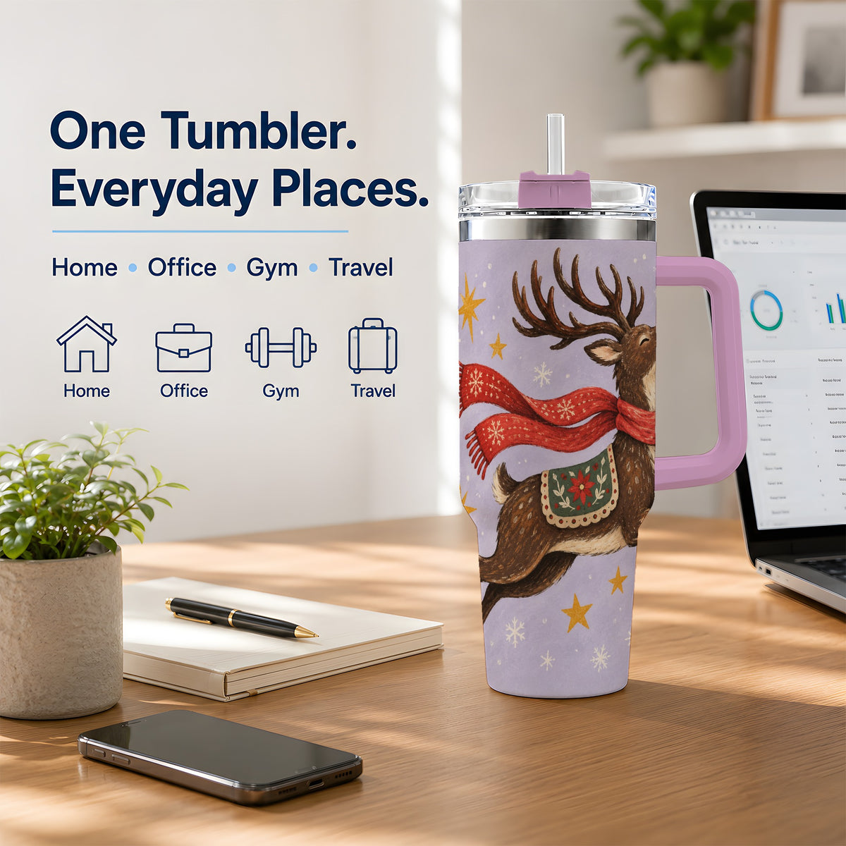 #pl[40oz|Pink] Christmas Reindeer 40oz Tumbler, Festive Starry Deer Artwork