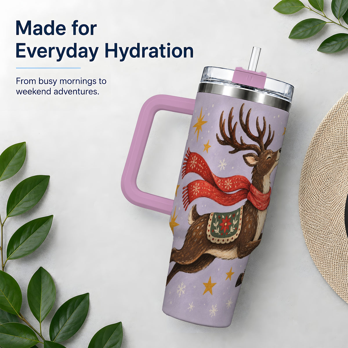 #pl[40oz|Pink] Christmas Reindeer 40oz Tumbler, Festive Starry Deer Artwork