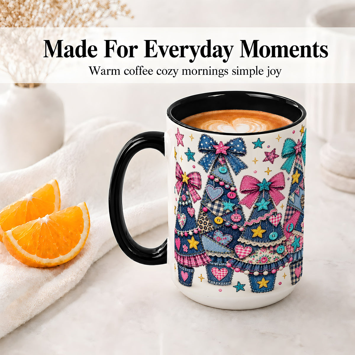 #pl[15oz|Black] Patchwork Christmas Tree Ceramic Mug, Denim Bow Holiday Design