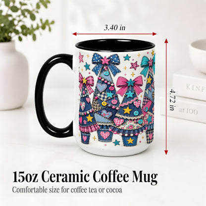 #pl[15oz|Black] Patchwork Christmas Tree Ceramic Mug, Denim Bow Holiday Design