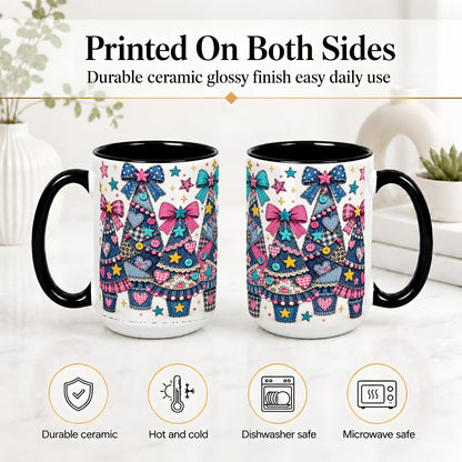#pl[15oz|Black] Patchwork Christmas Tree Ceramic Mug, Denim Bow Holiday Design