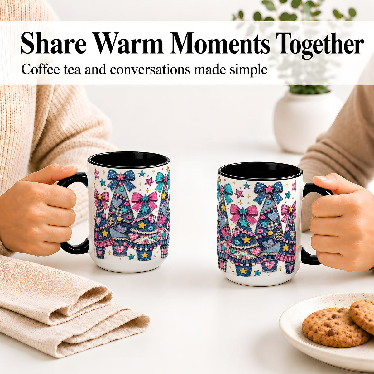 #pl[15oz|Black] Patchwork Christmas Tree Ceramic Mug, Denim Bow Holiday Design