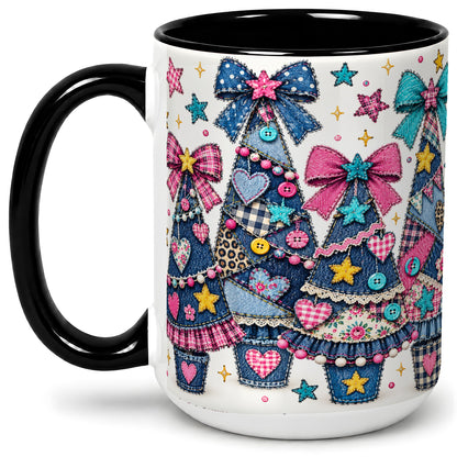 #pl[15oz|Black] Patchwork Christmas Tree Ceramic Mug, Denim Bow Holiday Design